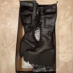 Dolls Kill Current Mood Obsidian Black Platform Knee-High Boots